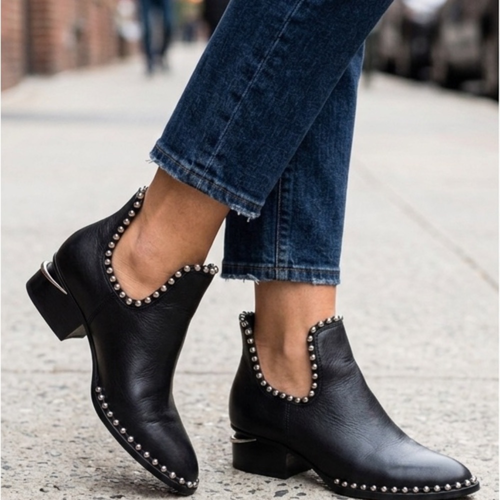 ALEXANDER WANG Black Leather Studded Booties. Size 5